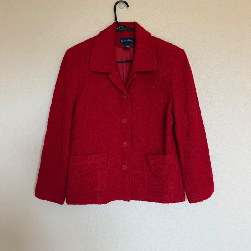 Charter Club Red Wool Blend Boucle Blazer Jacket Womens 12 Button Front Pocket
